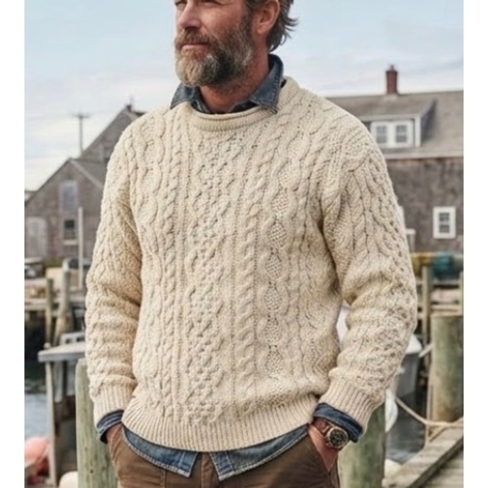 Vintage Eddie Bauer Cotton Cable Knit Roll Neck Sweater Cream Mens Large